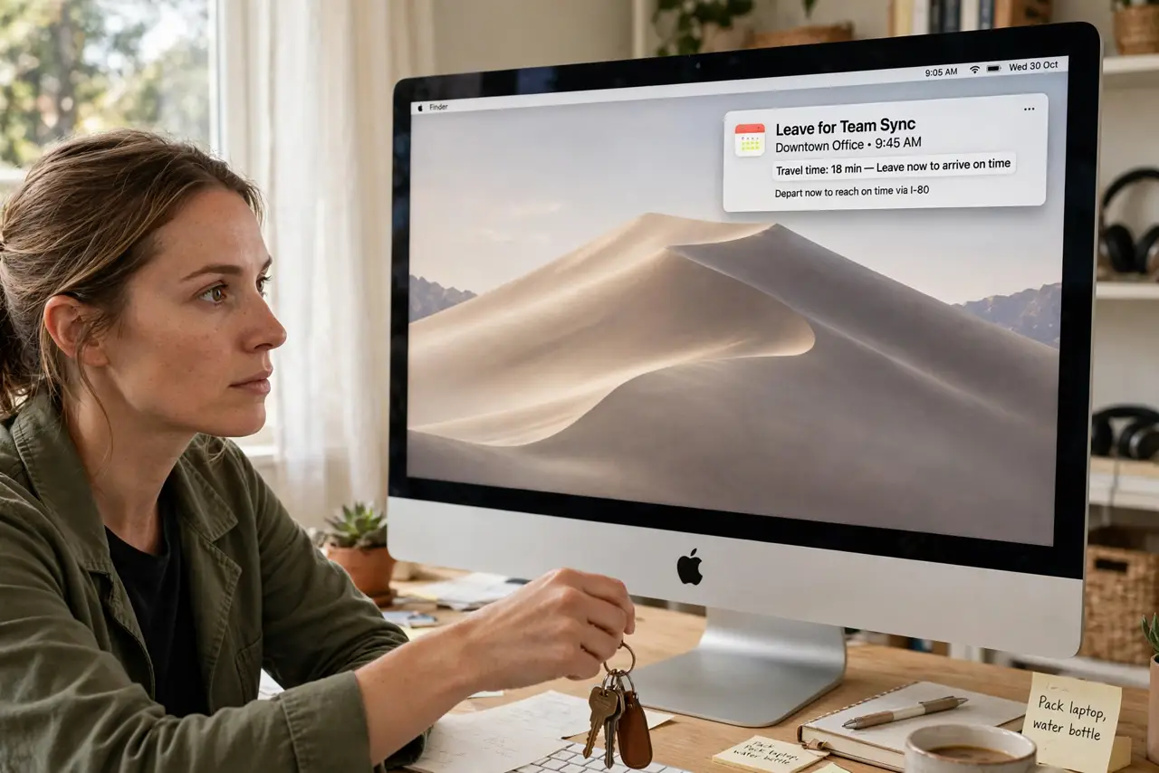 a person glancing at a real Mac notification showing a calendar alert with travel time legible, grabbing keys to leave, the person's face alert and ready, home office.