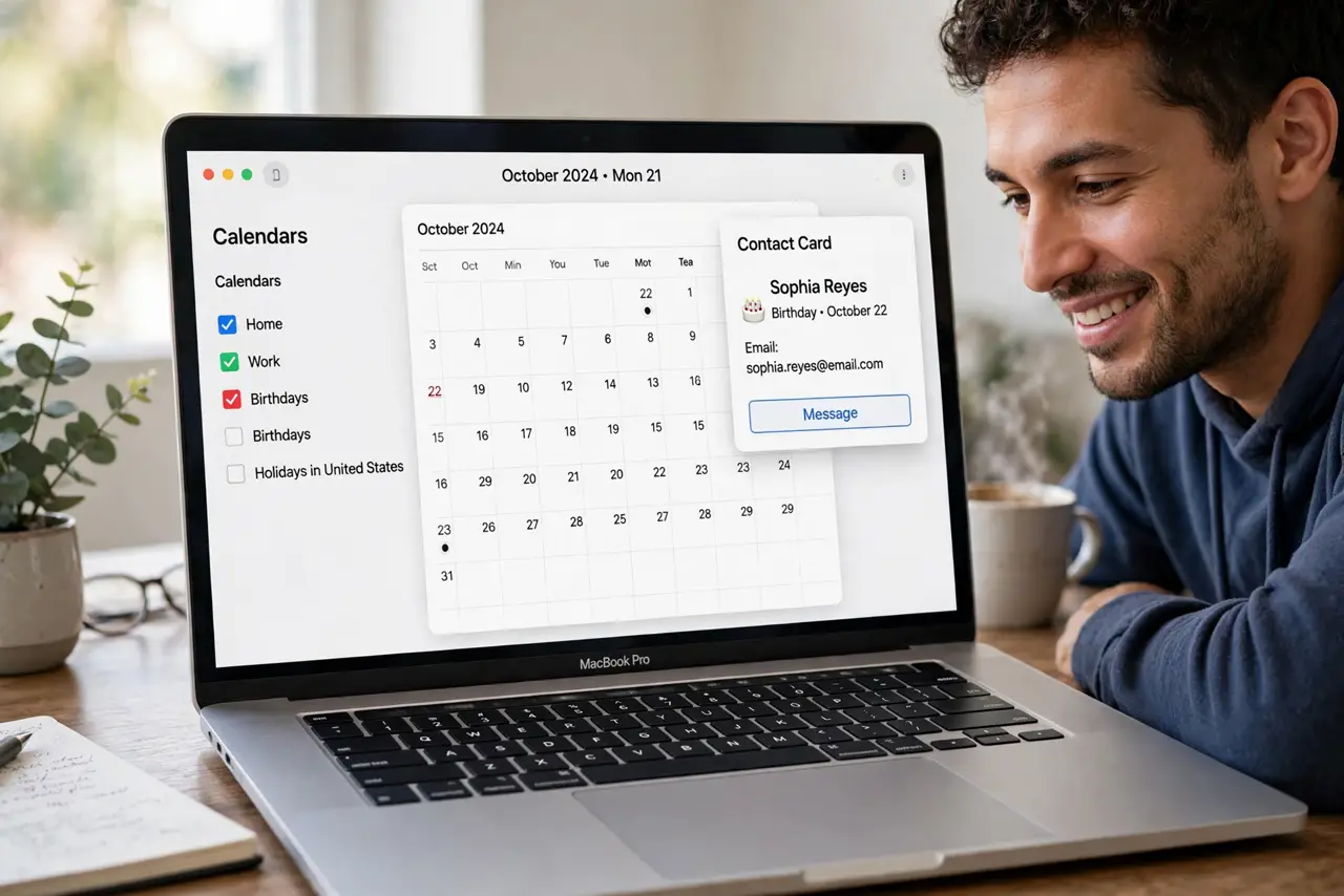 A person checking the Calendars list in the Calendar app on a real MacBook, the Birthdays checkbox fully legible, a contact card with a birthday beside it, the person's face relieved.