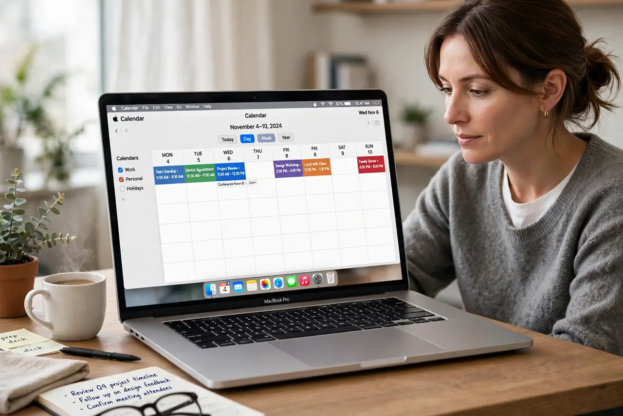 a calm adult at a desk with a real Mac laptop open, Calendar app visible on the real screen with a week view complete and legible, the person checking a meeting calmly.