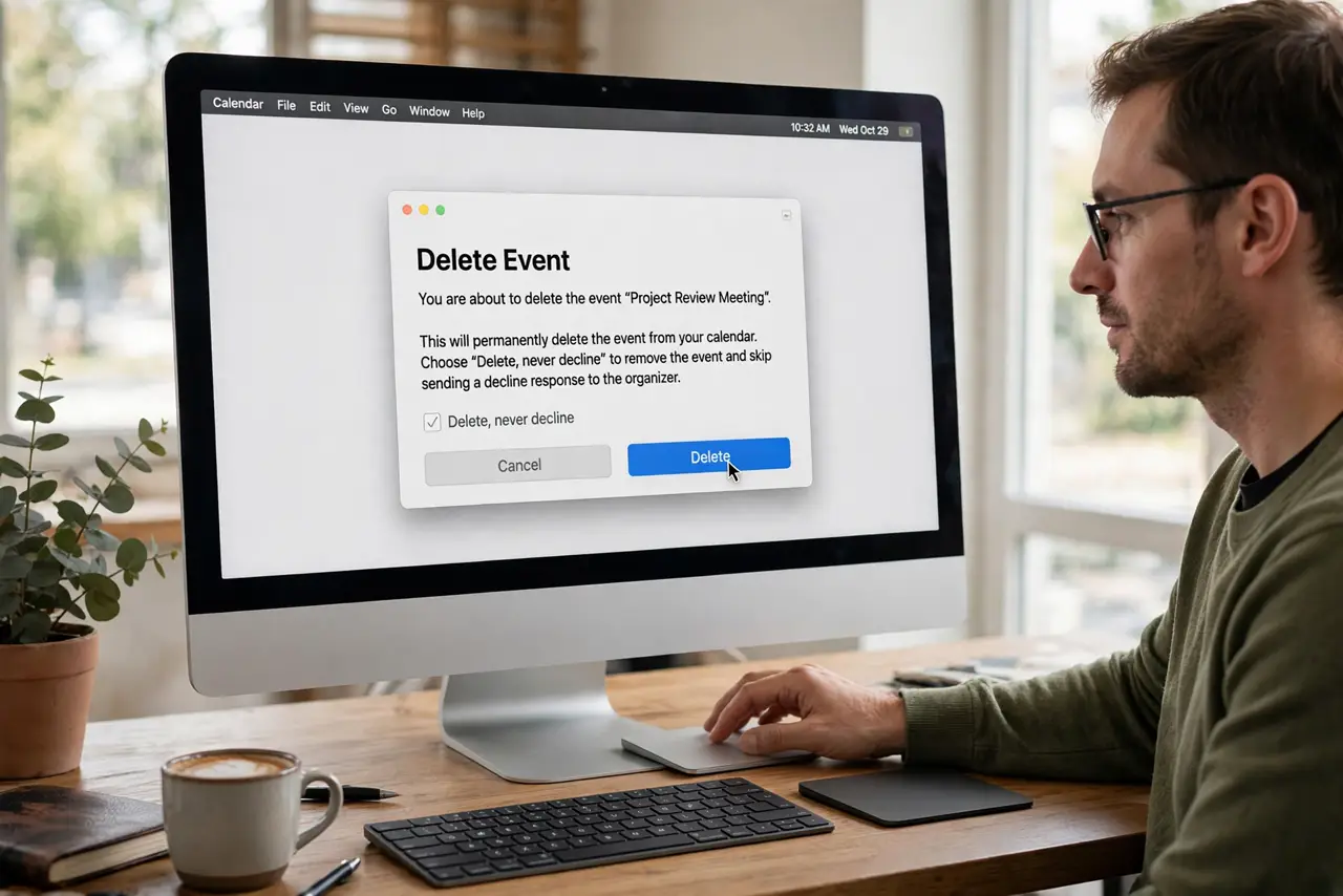 Step 1 in action for Spam Calendar Invites on Mac: Delete, never decline.