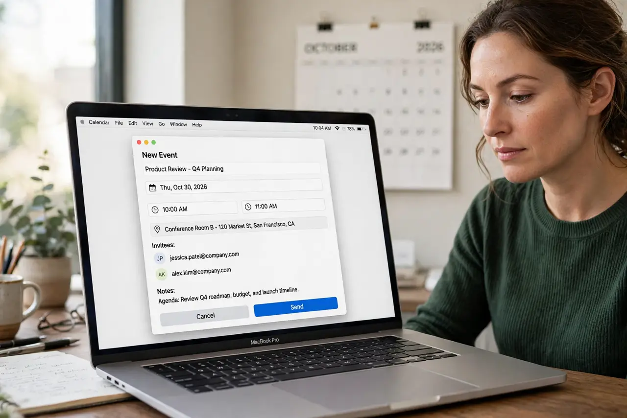 a person sending a calendar invite on a real Mac showing the invite compose window with legible time and location fields, the person's face efficient, calendar behind.