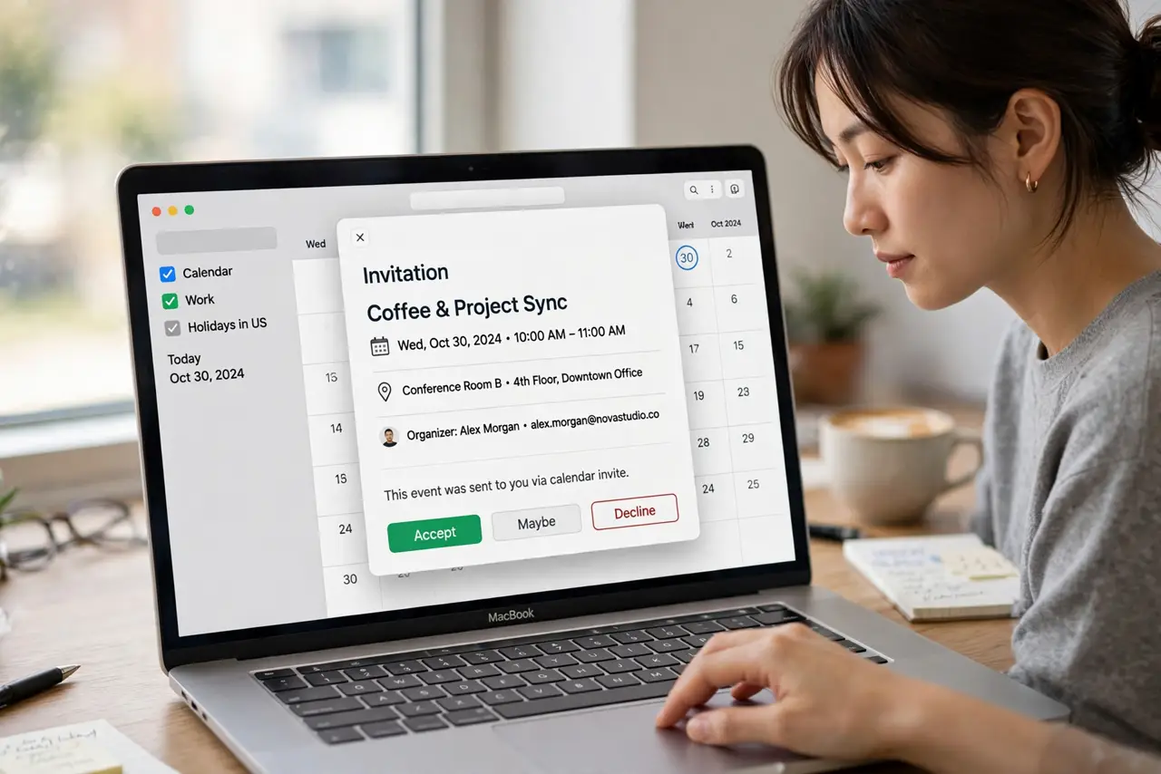 A person performing step 1: Open the invitation in Calendar.