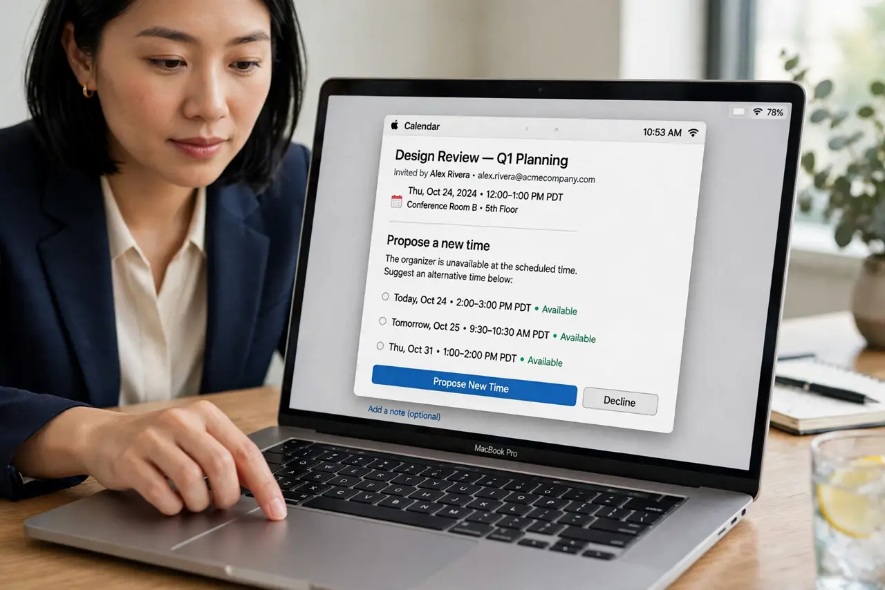 A person clicking Propose New Time on a calendar invitation on a real MacBook, the alternative time slots fully legible, the person's face diplomatic.