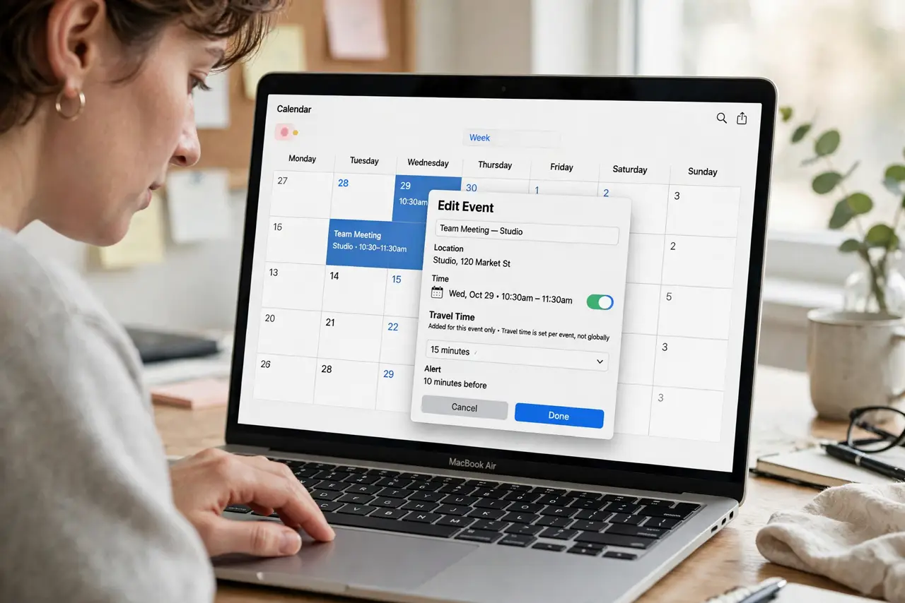 A person performing the first step of the guide: Open the event for editing. Double-click any event in the Calendar app. Travel time is a per-event setting.