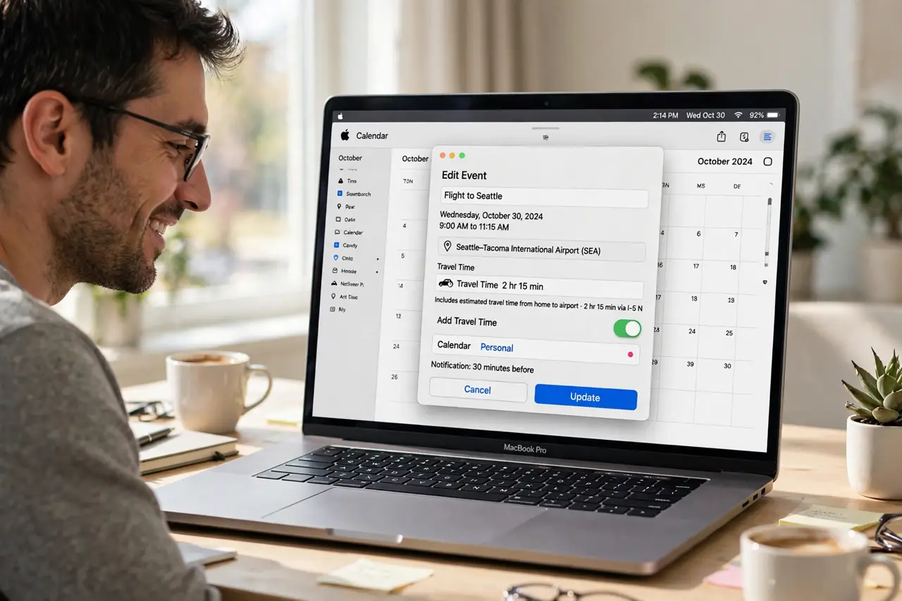 A person looking at a real Mac screen showing the Calendar app with an event edit window and a legible travel time field, the person's face relieved.