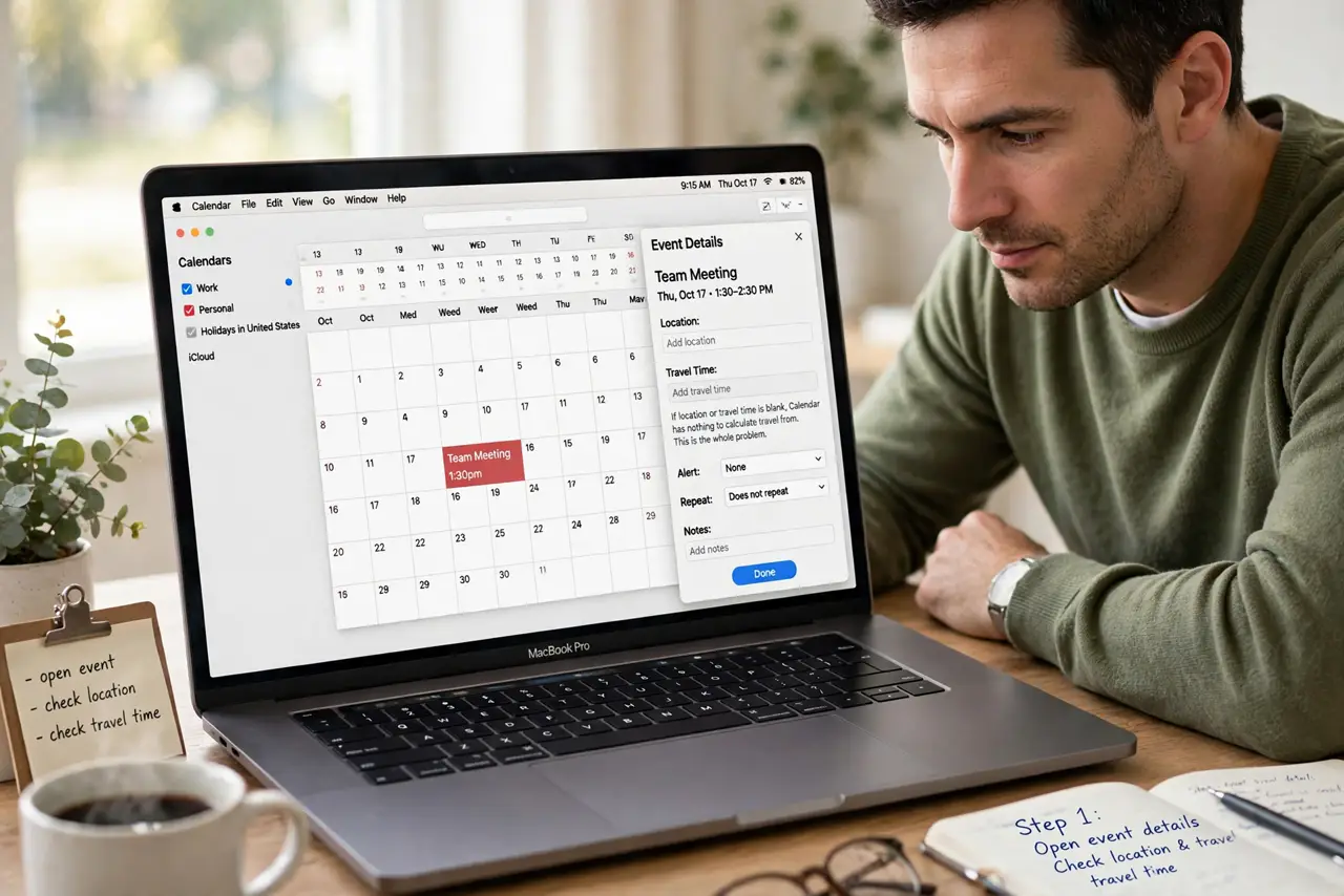 Calendar Travel Time Is Missing on Mac — step 1 being performed on the device.