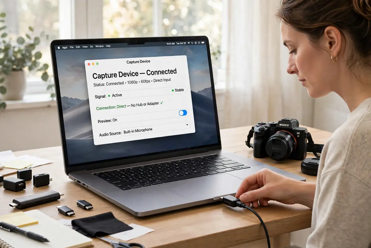 Photoreal photo of a person performing the first step: Plug it directly into the Mac. Remove hubs, docks, and adapters from the chain temporarily. Cap