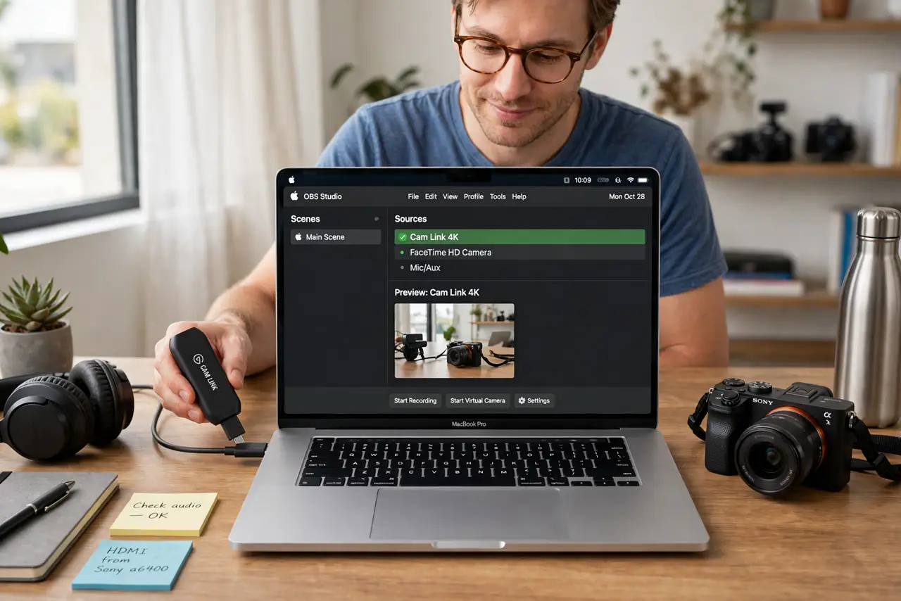 Photoreal photo: a person connecting a real Cam Link capture device to a real MacBook with a camera beside it, the Mac screen showing a video app with a legible camera source list, the person's face focused, desk studio. No black scre