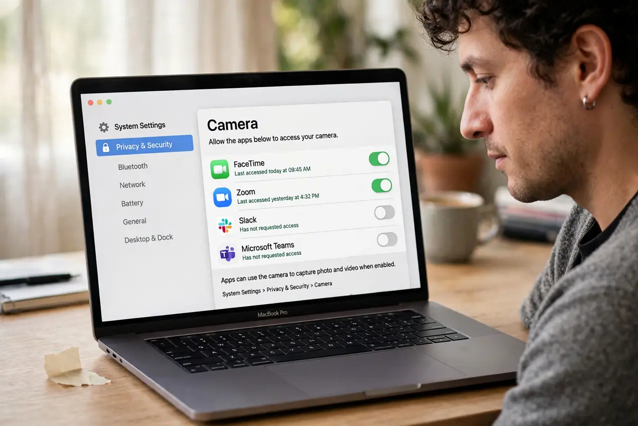 a person at a real MacBook with System Settings open on the Camera privacy pane showing app toggles with legible text, a small piece of tape beside the lapto...
