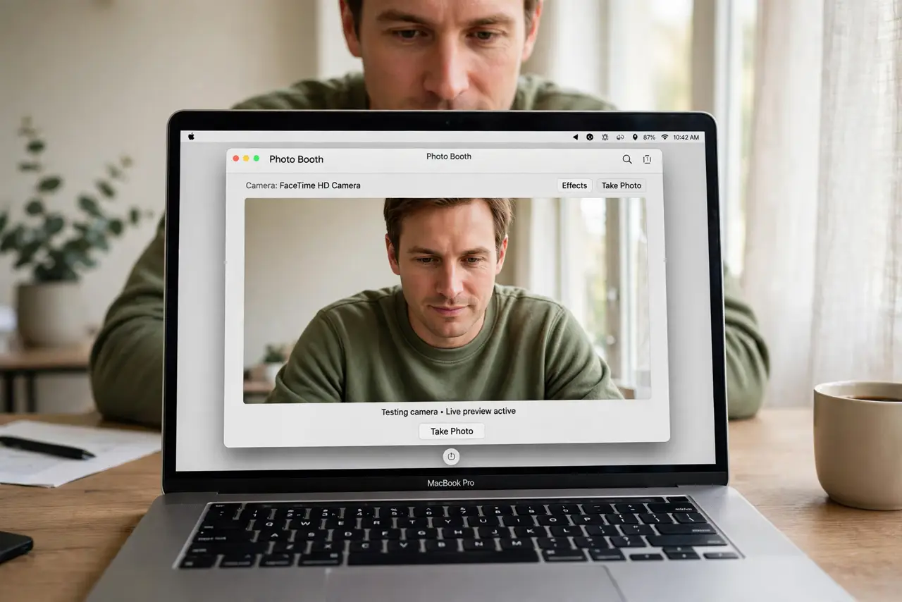 A person performing the first step: Test the camera in Photo Booth.