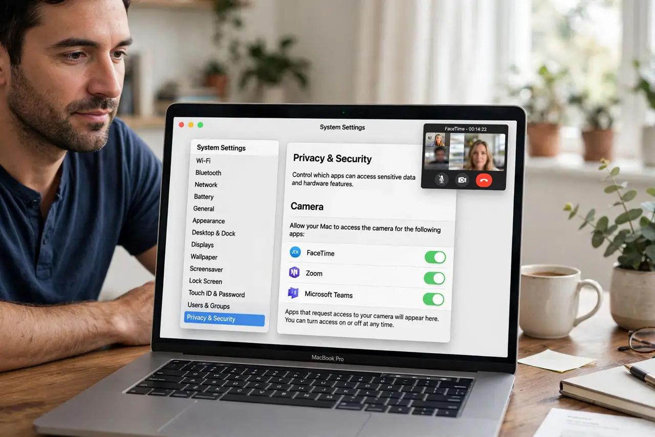 a calm adult on a video call on a real Mac laptop at a desk, the macOS Camera privacy settings screen clearly visible and legible on the real Mac screen.