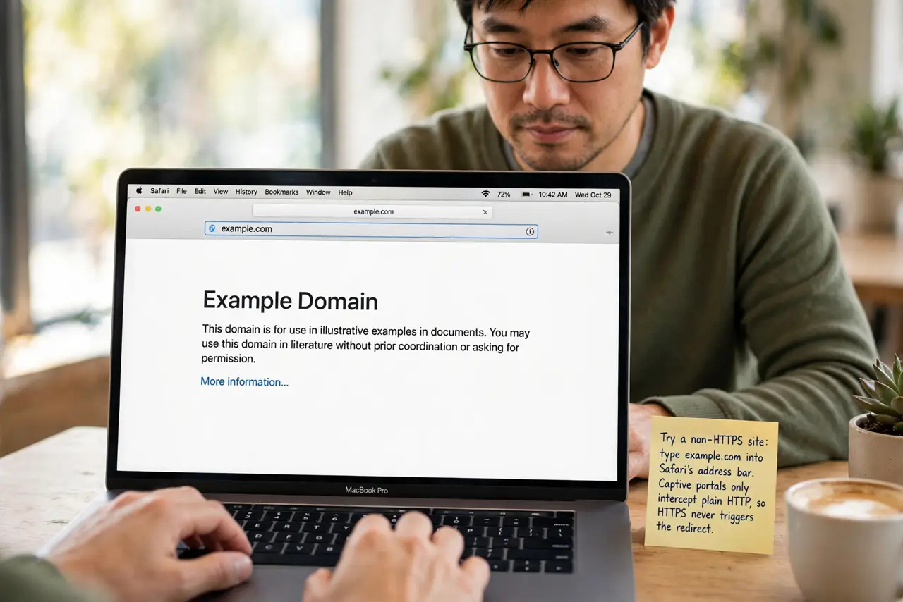 A person performing step 1 of the guide: Try a non-HTTPS site. Type example.com into Safari's address bar and load it. Captive portals can only intercept plain HTTP, so an HTTPS ...