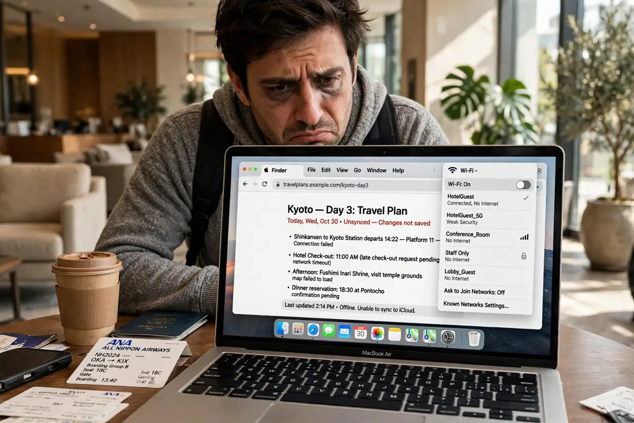 a tired traveler with a real MacBook in a hotel lobby, the browser showing no login page with fully legible text, the person looking at the Wi-Fi menu.