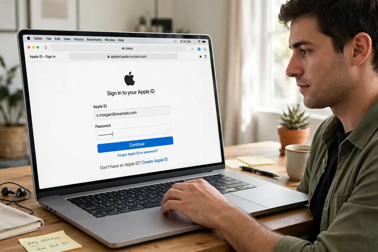 A person performing the first step: Go to the Apple ID account page. Open a browser and sign in to your Apple ID.