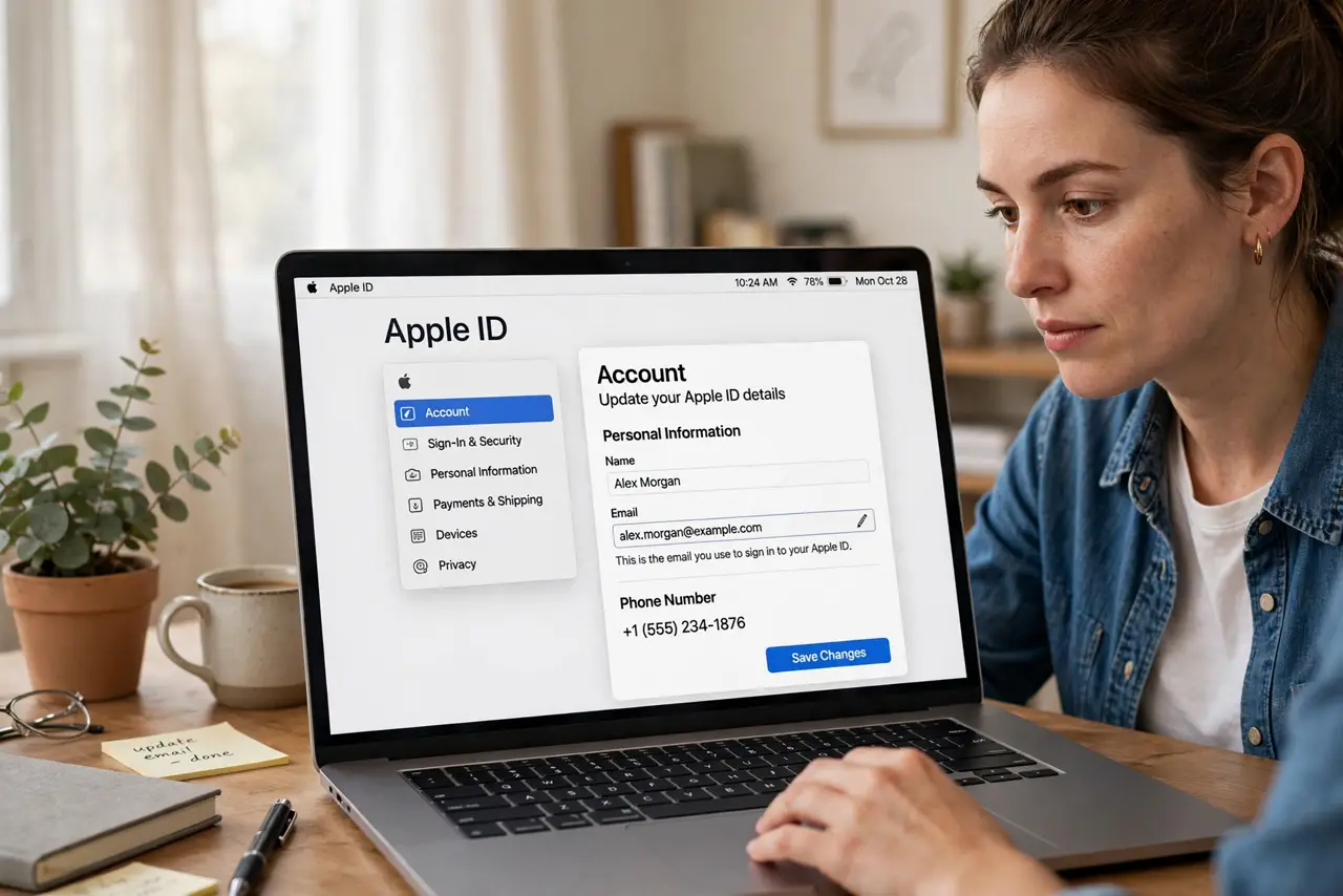A person updating account details on a MacBook, the screen showing an Apple ID account page with email fields legible,