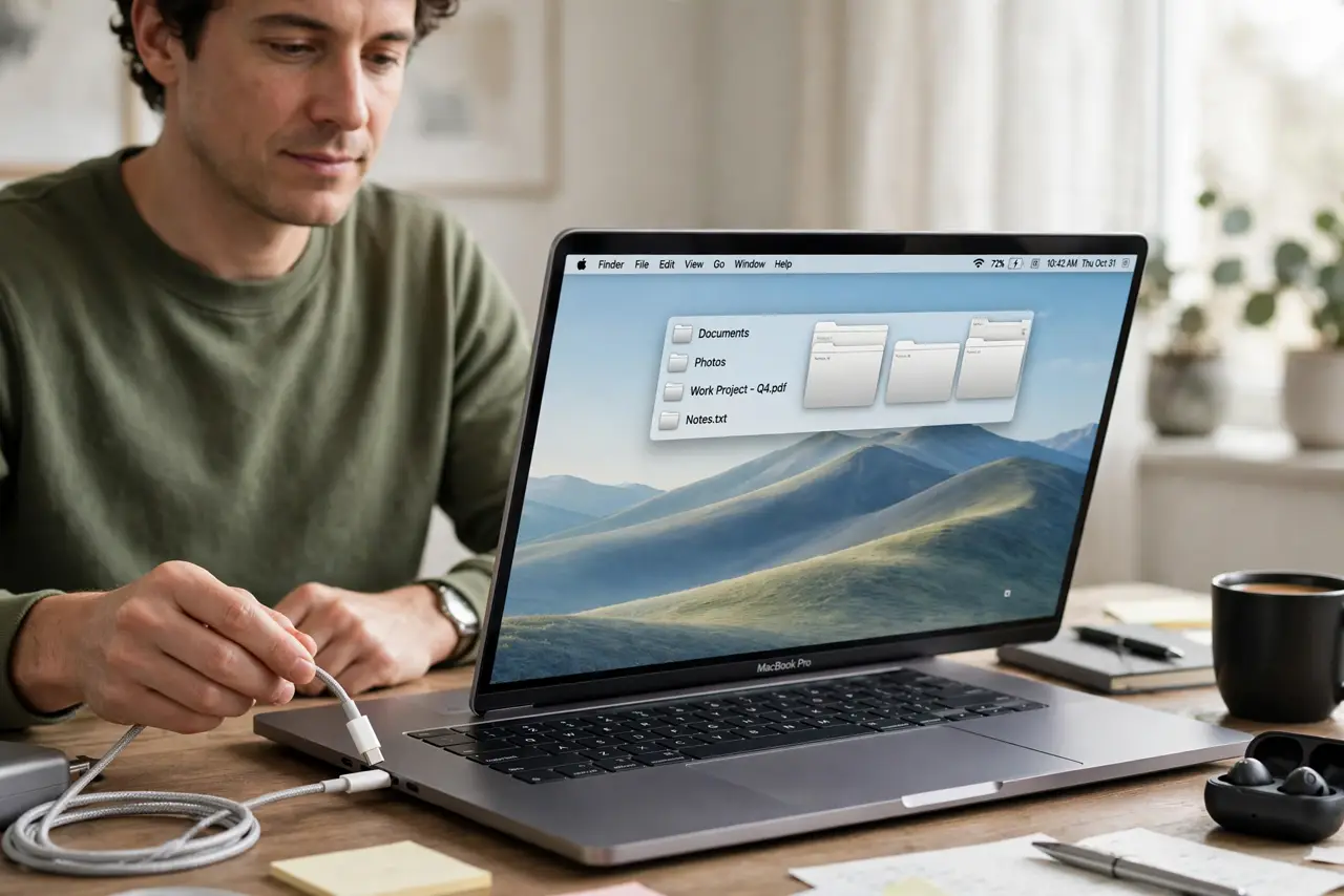a calm adult at a desk plugging a real charger into a real Mac laptop, the charging cable and battery icon visible clearly, the person checking charging calmly.