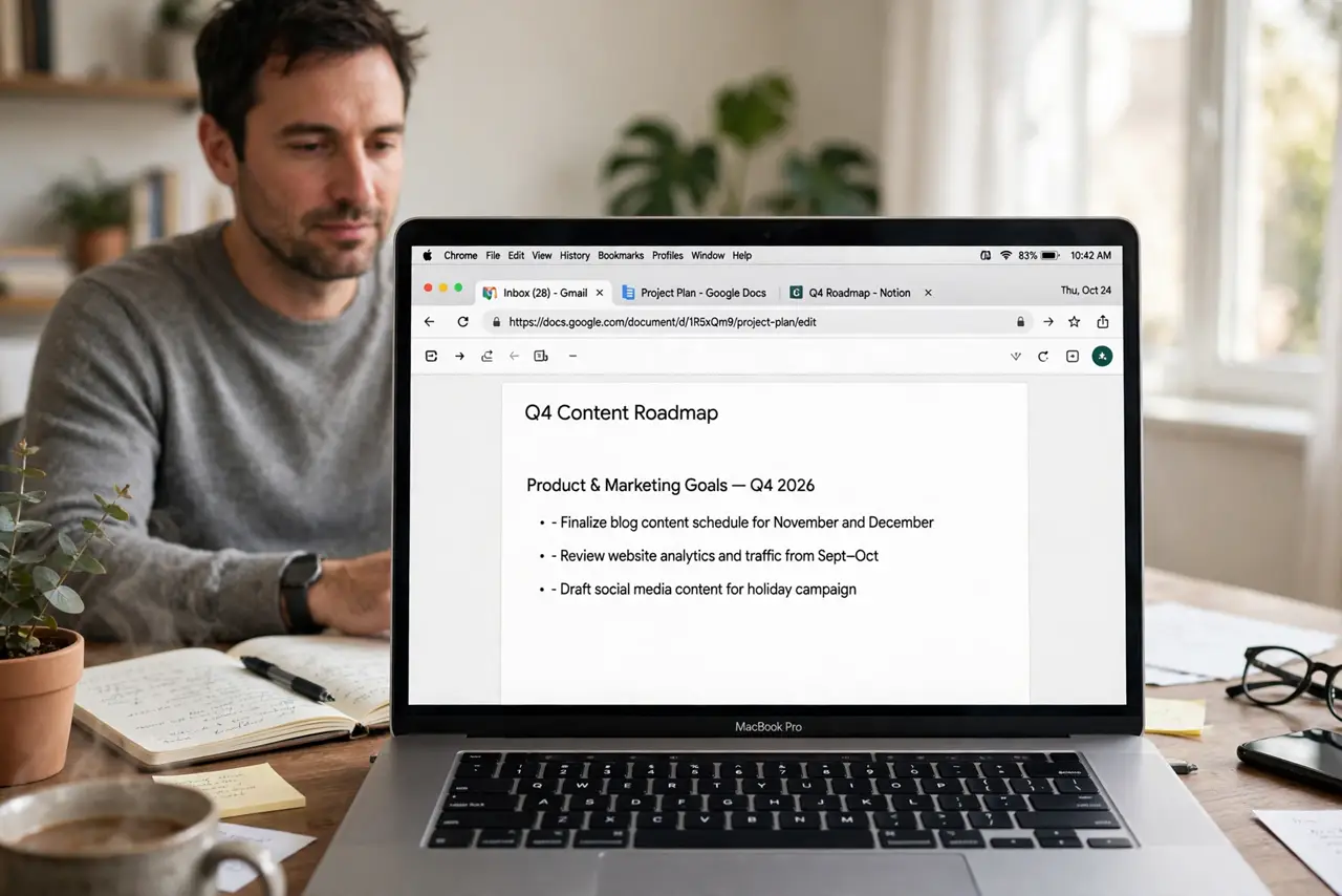 a relaxed adult at a desk with a real Mac laptop open, Chrome visible on the real screen with a tab bar complete and legible, the person working calmly on battery.