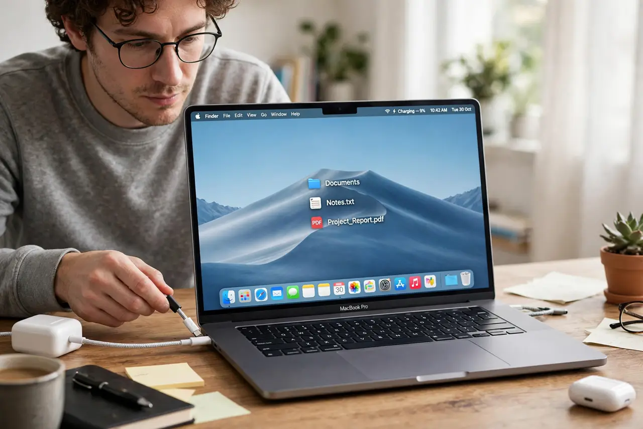 A person performing the first step: Connect the charger first. Clamshell mode requires external power — this is.