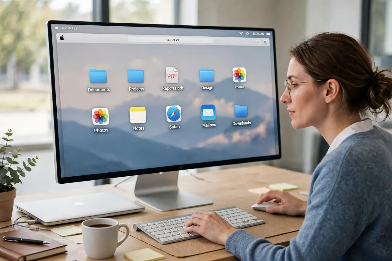 A person working at a desk with a closed MacBook beside a large external monitor showing a desktop with legible icons,