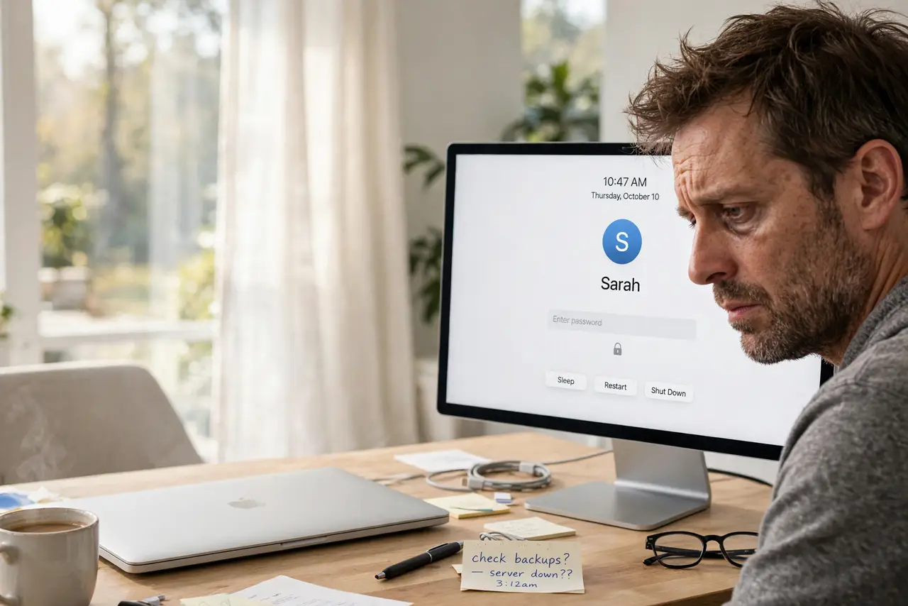 Mac Wakes Up in Clamshell Mode — a tired adult in the morning discovering a warm closed MacBook on a desk next to an external monitor, the pers