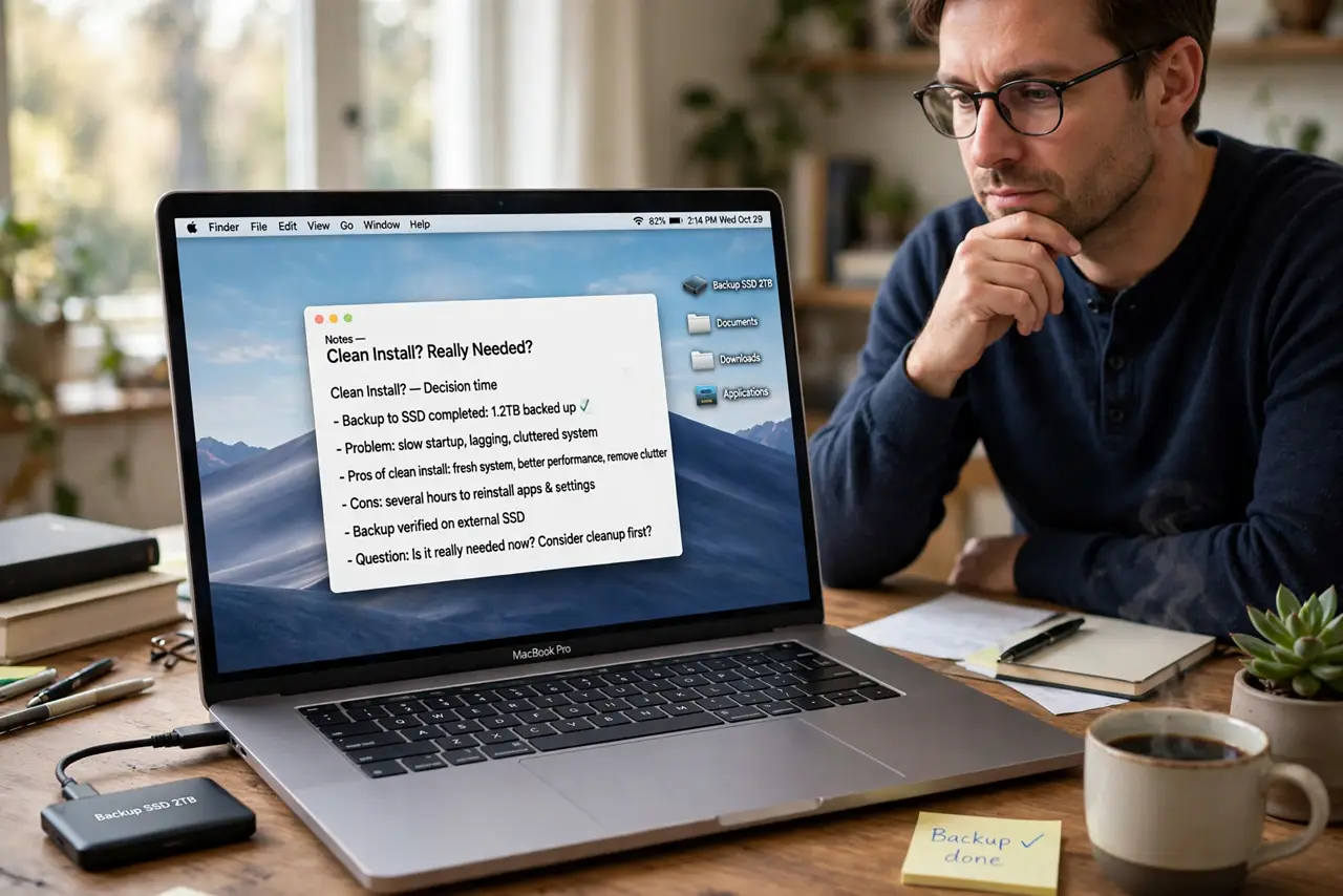Photoreal photo of a person performing the first step: Decide it is really needed. Clean installs fix deep system corruption and years of cruft — they do not fix failing hardware or single broken apps. If ...