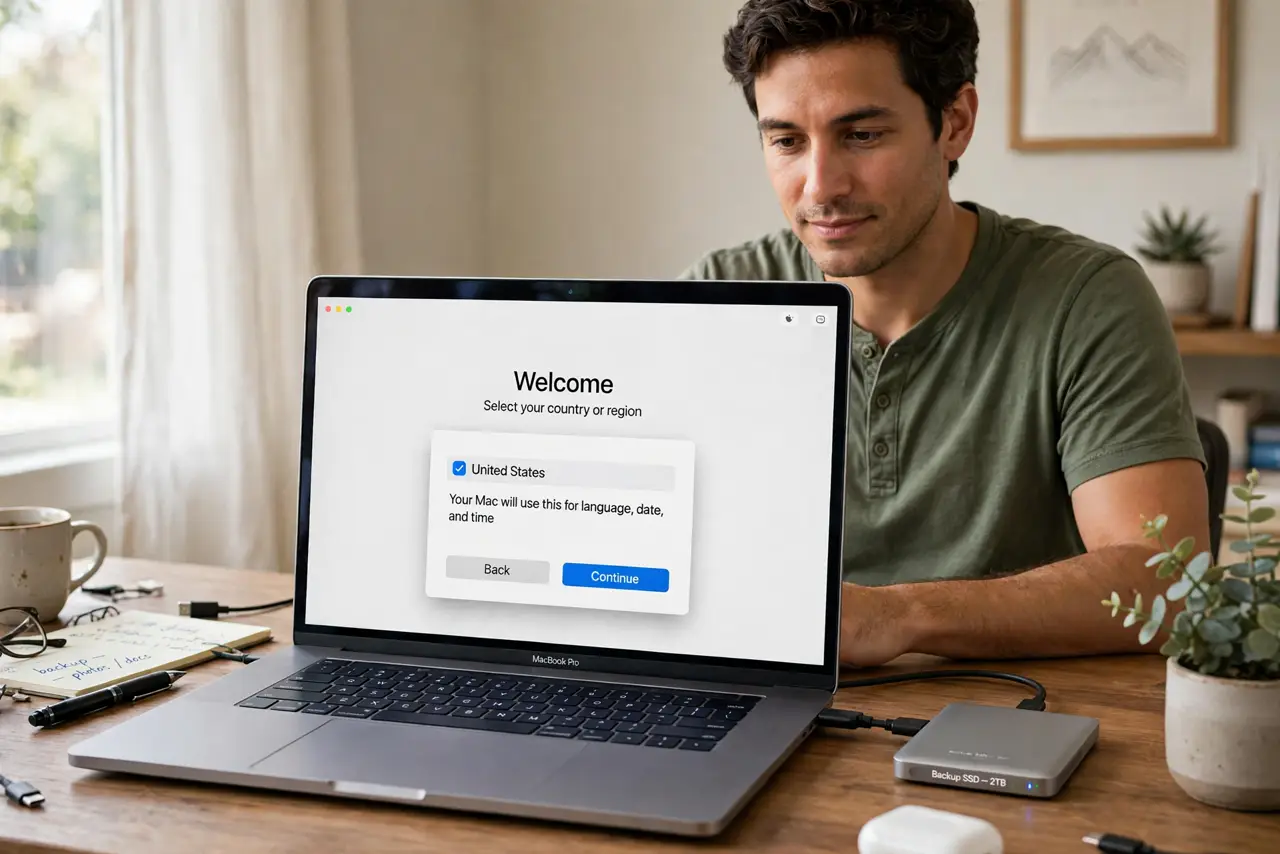 Photoreal photo: a person starting a fresh macOS setup on a real Mac showing the welcome screen with legible setup text, an external backup drive connected, the person's face calm and determined, home office. No black sc
