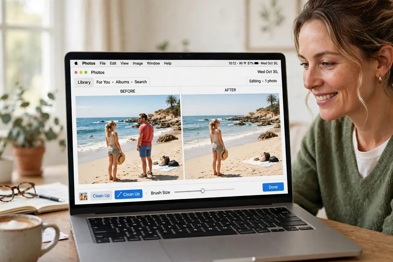 a person using a real MacBook with the Photos app open, the Clean Up tool brush removing a person from a beach photo, before and after visible and legible, the person's face pleased, bright home office.