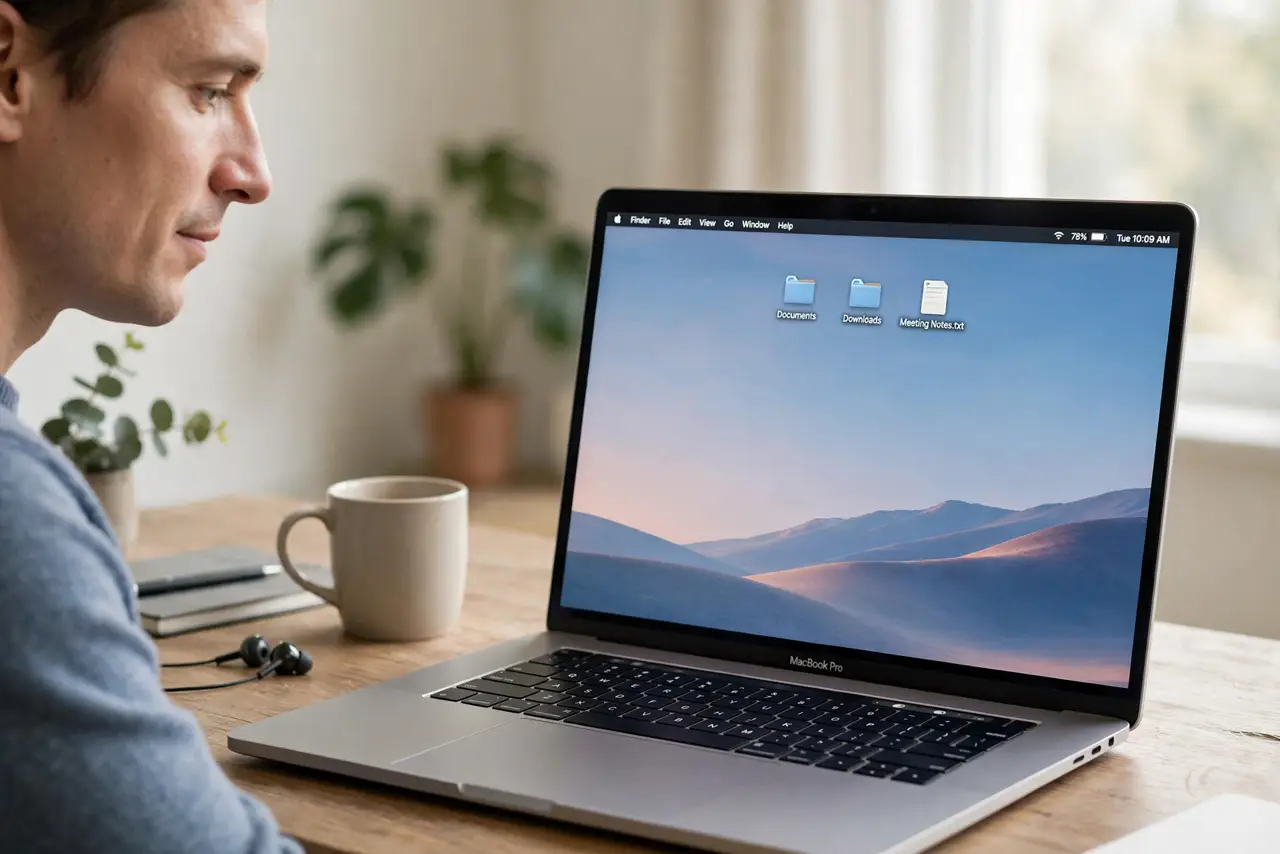 a calm adult at a desk waking a real Mac laptop, the menu bar clock visible on the real screen complete and legible, the person checking the time calmly.