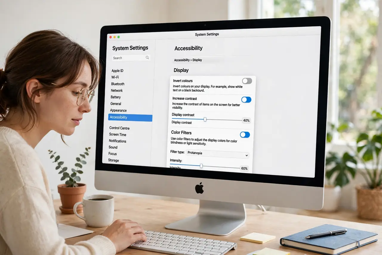A person performing step 1: Open the Color Filters settings. Go to System Settings > Accessibility > Display and find Color Filters. It si.