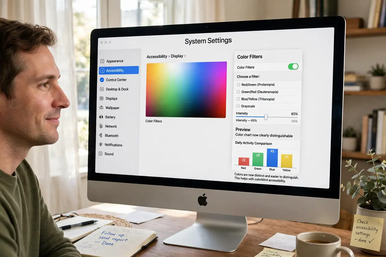 A person looking at a real Mac screen showing System Settings with Color Filters options open, a colorful chart now clearly distinguishable on screen, the person's face relieved,.