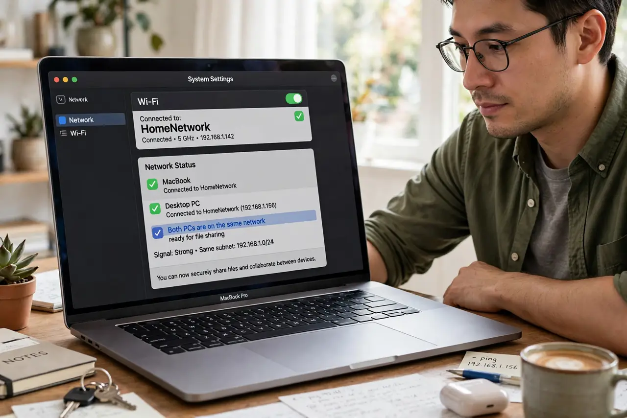 A person calmly performing the guide's first step: Confirm both PCs are on the same network.