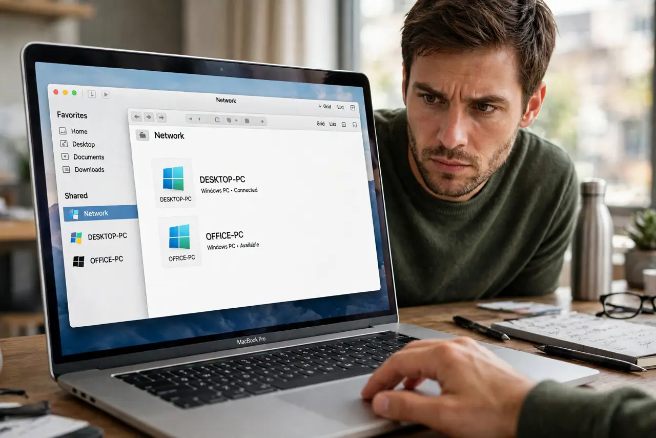 a person using a real Mac with a Finder network window open showing a Windows computer icon with legible names, the person's face determined. No black screen, no blank white screen.