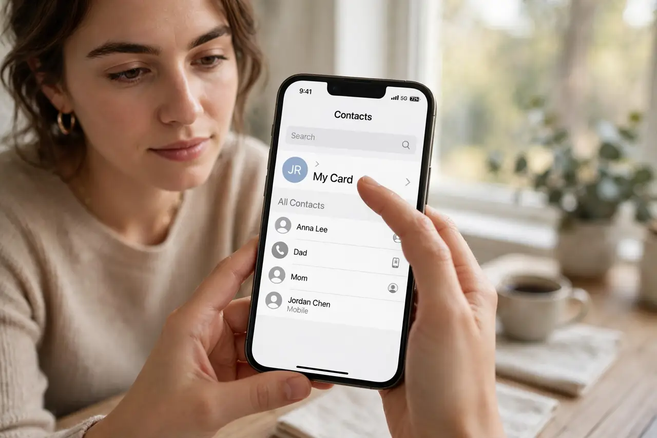 A person performing the guide's first step: Open your card in Contacts. On iPhone open Contacts and tap your own card at the top (My Card); on Mac, open Contacts and find yourself.…
