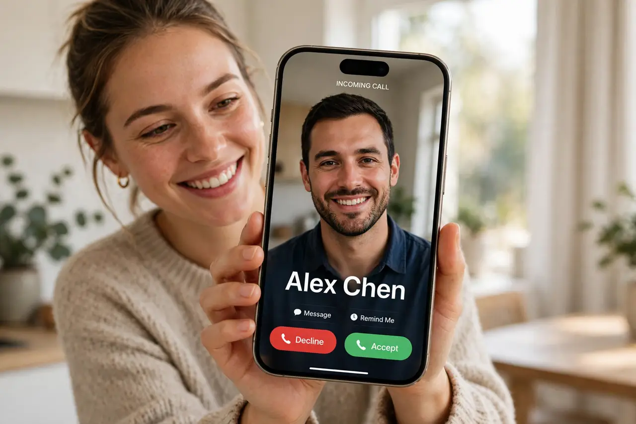 A person holding a real iPhone showing a full-screen Contact Poster with a legible large photo and name on an incoming call screen, the person's face delighted, bright room..