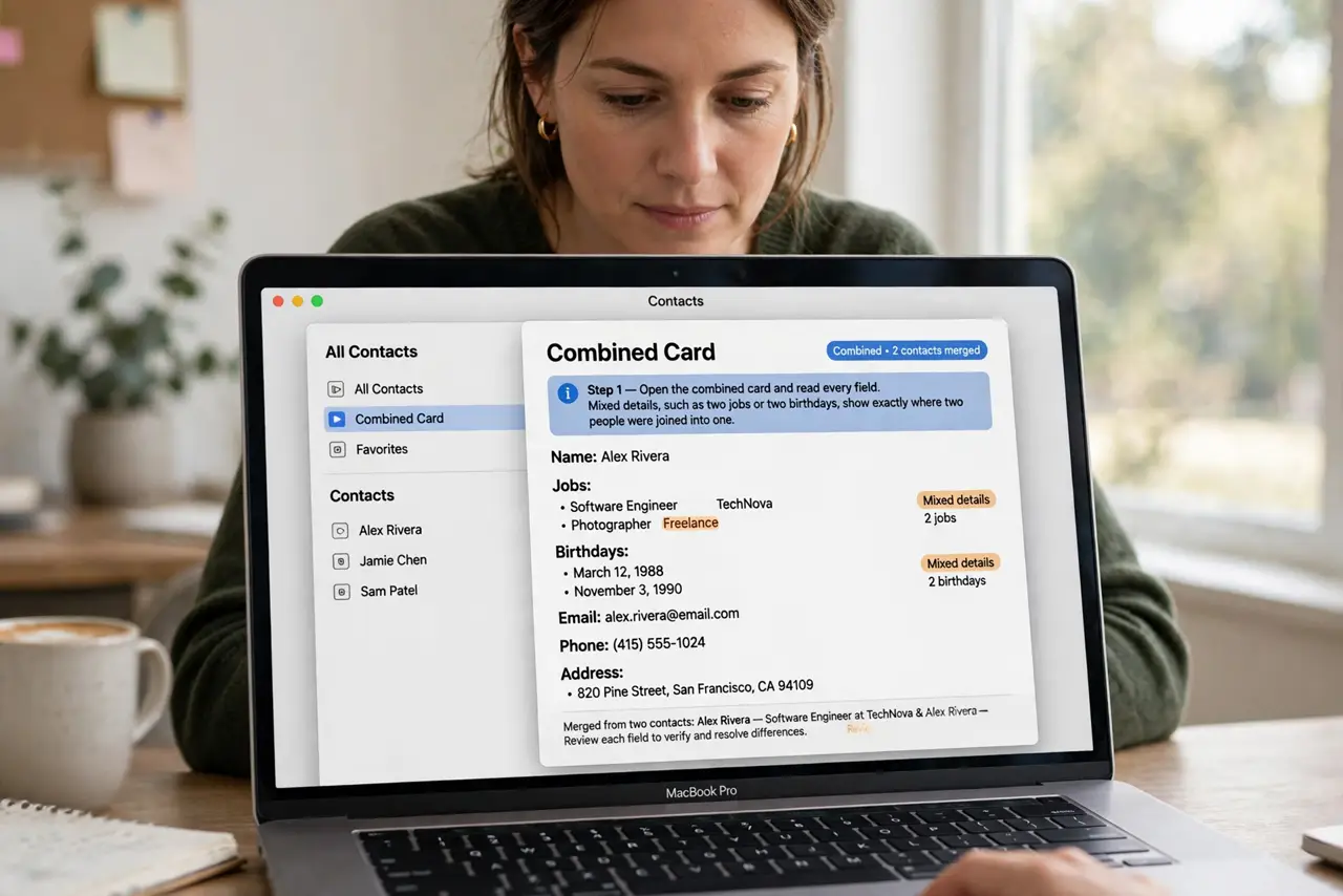 Contacts Merges Two Different People — step 1 being performed on the device.