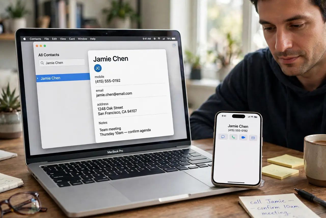 a relaxed adult at a desk with a real Mac laptop open, Contacts app visible on the real screen with a contact card complete and legible, the person checking a phone number calmly.