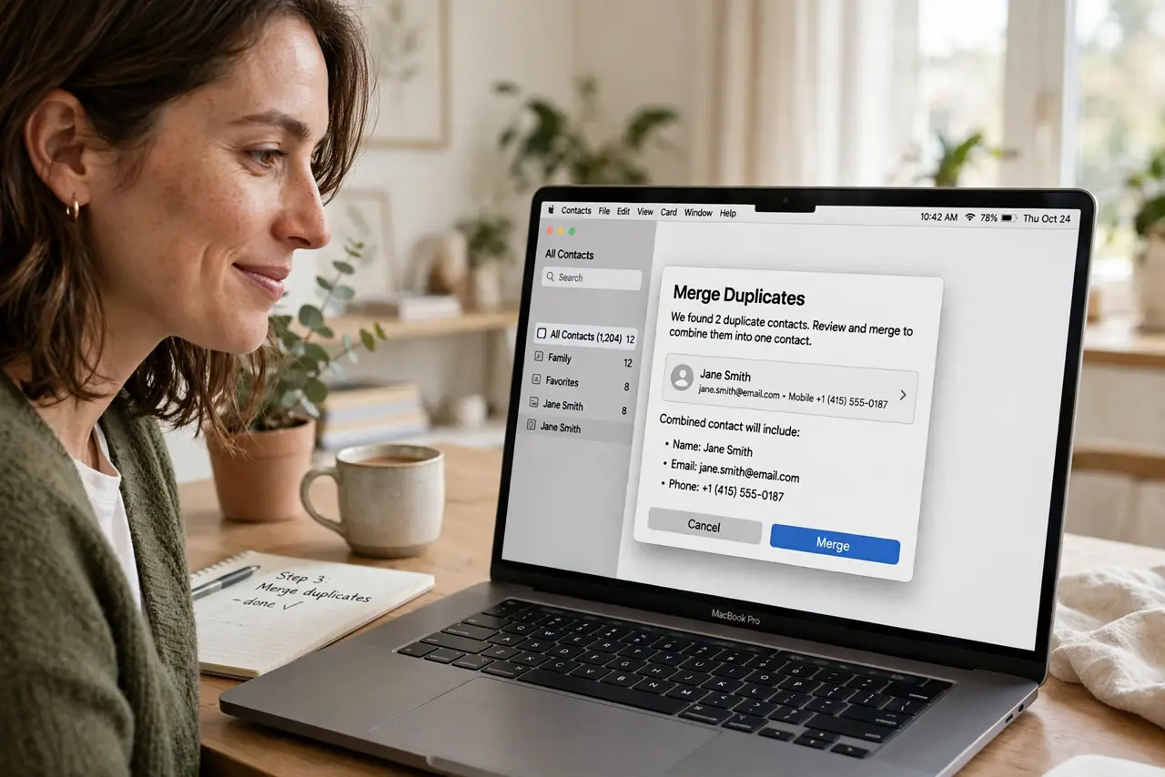 a person using a real MacBook showing the Contacts app with the duplicate-merge dialog legibly visible, the person's face relieved, bright home office.