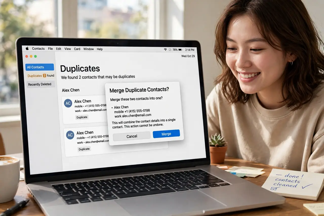 A person merging duplicate contact cards in the Contacts app on a real MacBook, the merge confirmation dialog fully legible, the person's face relieved.