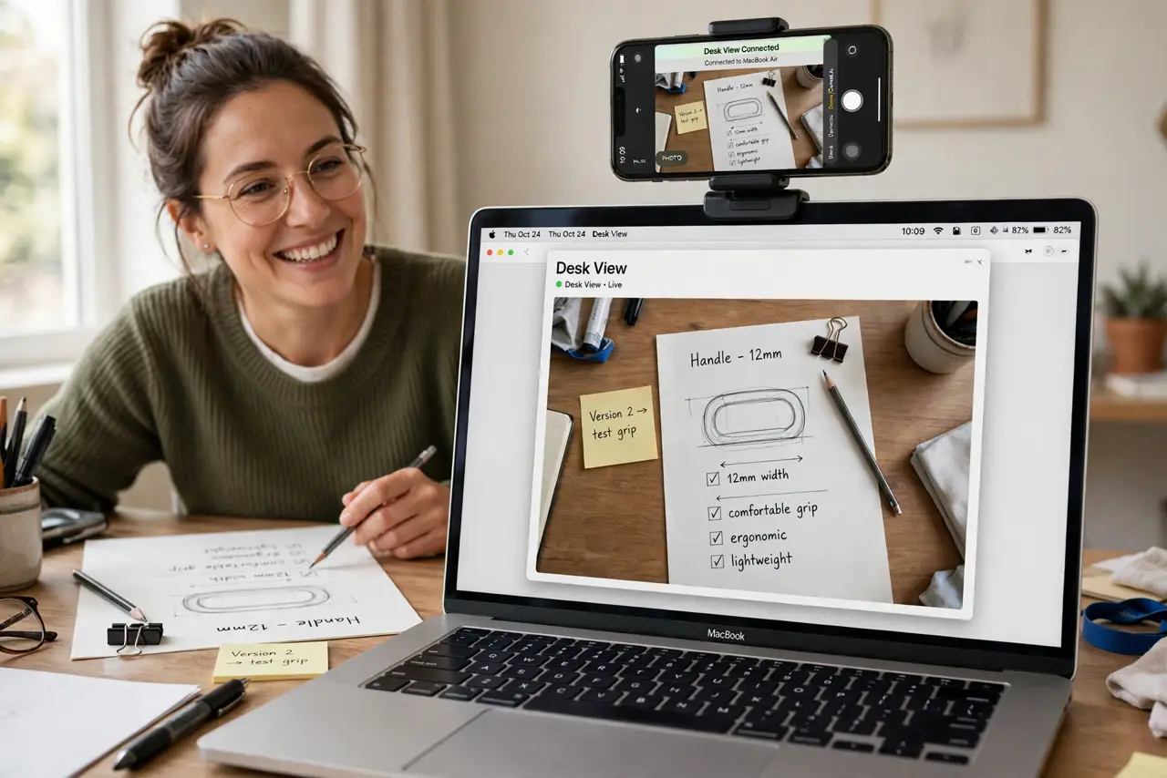 A person demonstrating a sketch on paper at a desk, a real MacBook screen showing the Desk View overhead shot of the desk fully legible beside the presenter's face, the person looking pleased.