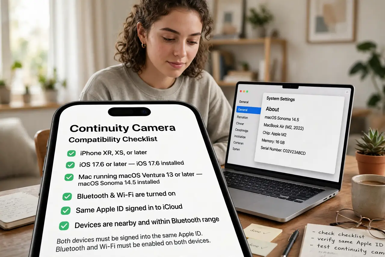 Photoreal photo of a person performing the first step: Meet the requirements. You need a compatible iPhone and Mac, both signed into the same Apple...