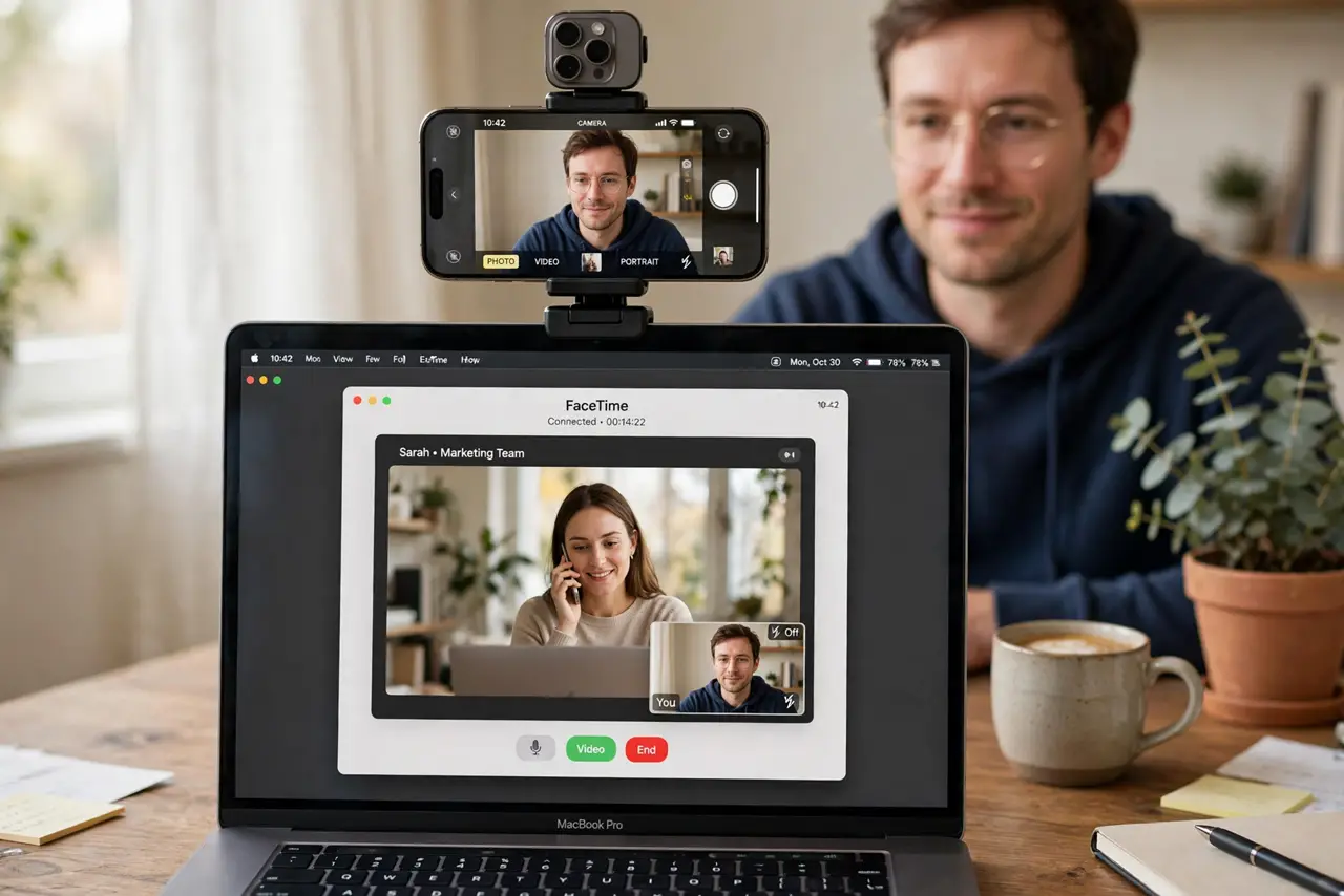 Photoreal photo: a person on a real video call on a MacBook, a real iPhone mounted on top of the MacBook screen acting as the webcam showing a legible camera preview, the person's face natural and well-lit, home of...