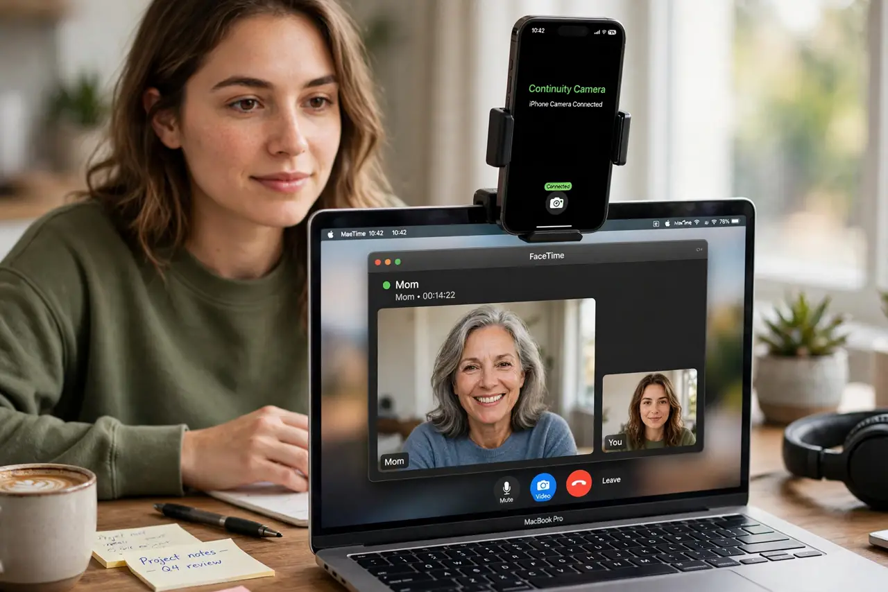 A person on a video call at a desk, a real iPhone mounted on top of a real MacBook showing the camera view fully legible on the MacBook screen, the person's face natural and well-lit.