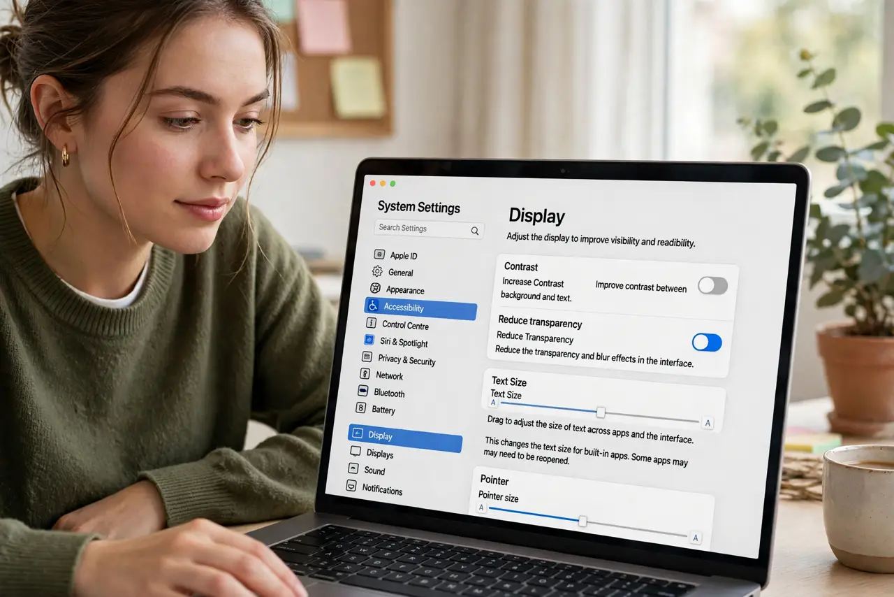 A person performing step 1: Open the Accessibility Display settings. Go to System Settings > Accessibility > Display. Everything you need .