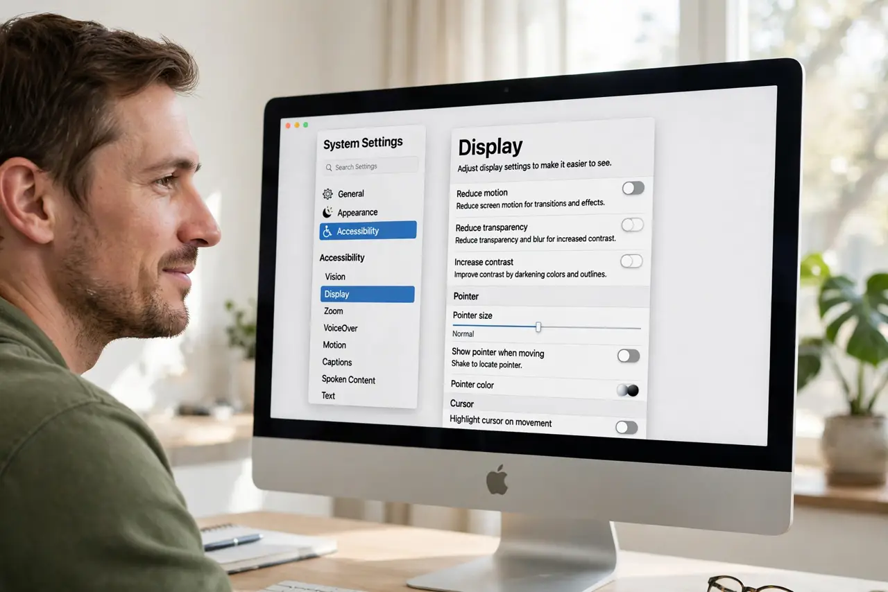 A person looking at a real Mac screen showing System Settings with the Accessibility Display pane open, interface elements crisp and readable, the person's face relieved, bright room.