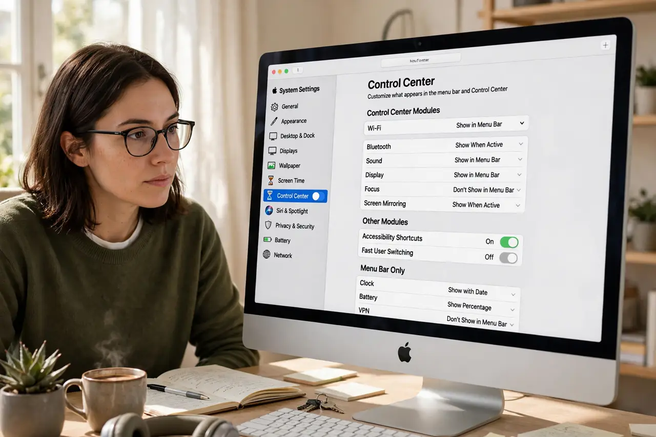A person using a real Mac, the screen showing System Settings Control Center page with module dropdowns fully legible, the person's face focused, home office.