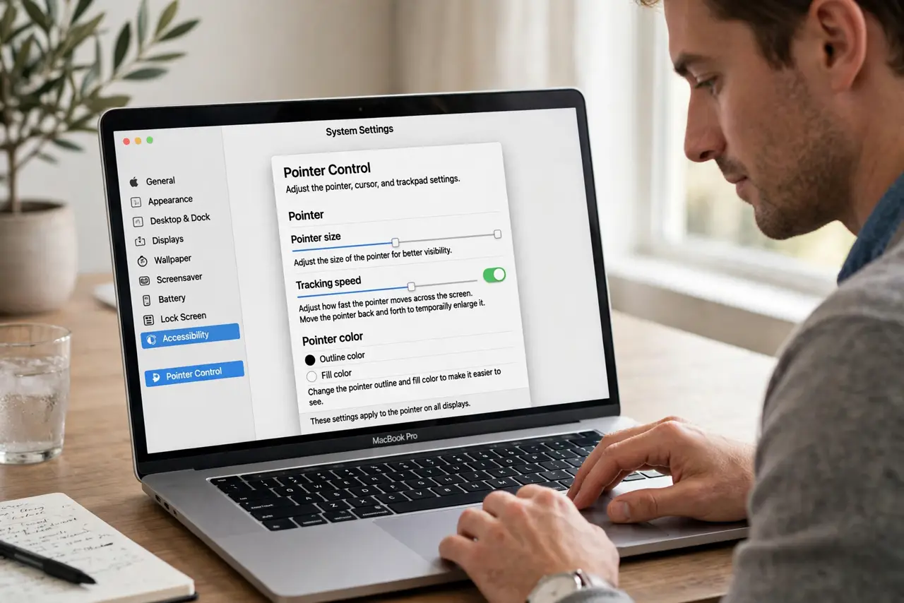A person performing the first step: Open Pointer settings.