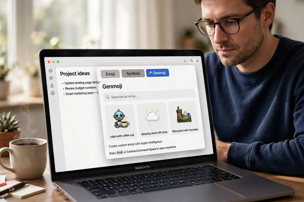 A person performing the guide's first step: Open the emoji picker anywhere. Press Fn+E (or Control+Command+Space) in Messages, Mail, Notes — anywhere you type. The picker now has a…