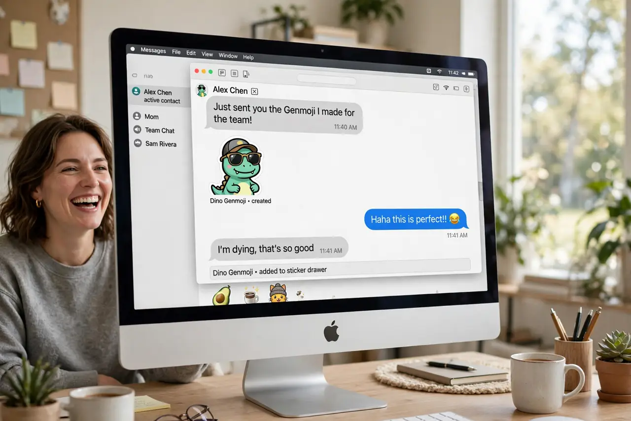 A person at a real Mac showing a Messages window with legible custom Genmoji characters in the text, the person laughing, bright home office.