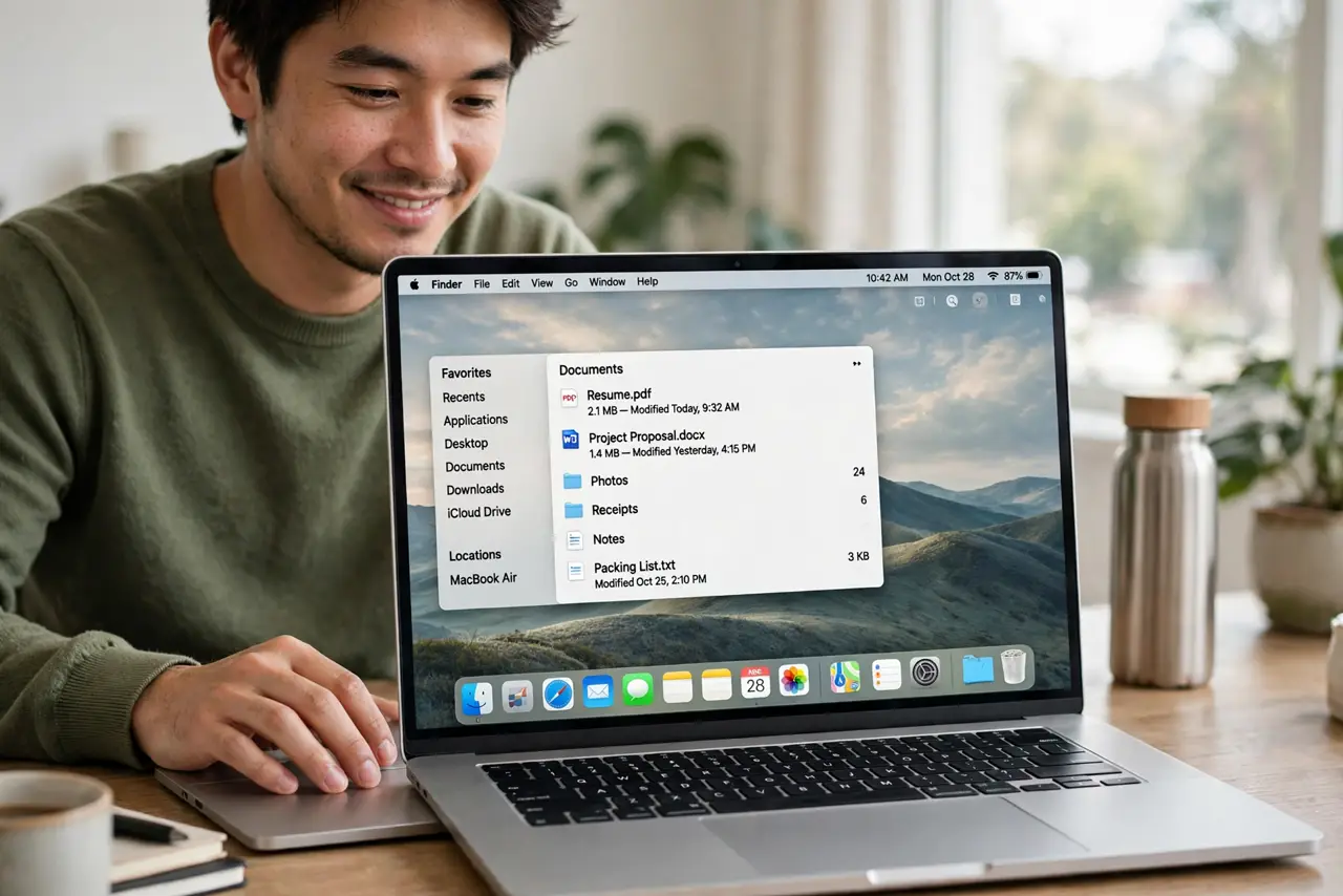 A person using a real MacBook showing macOS desktop with the Dock visible and legible at the bottom, the person's hand on the trackpad, face relaxed and…