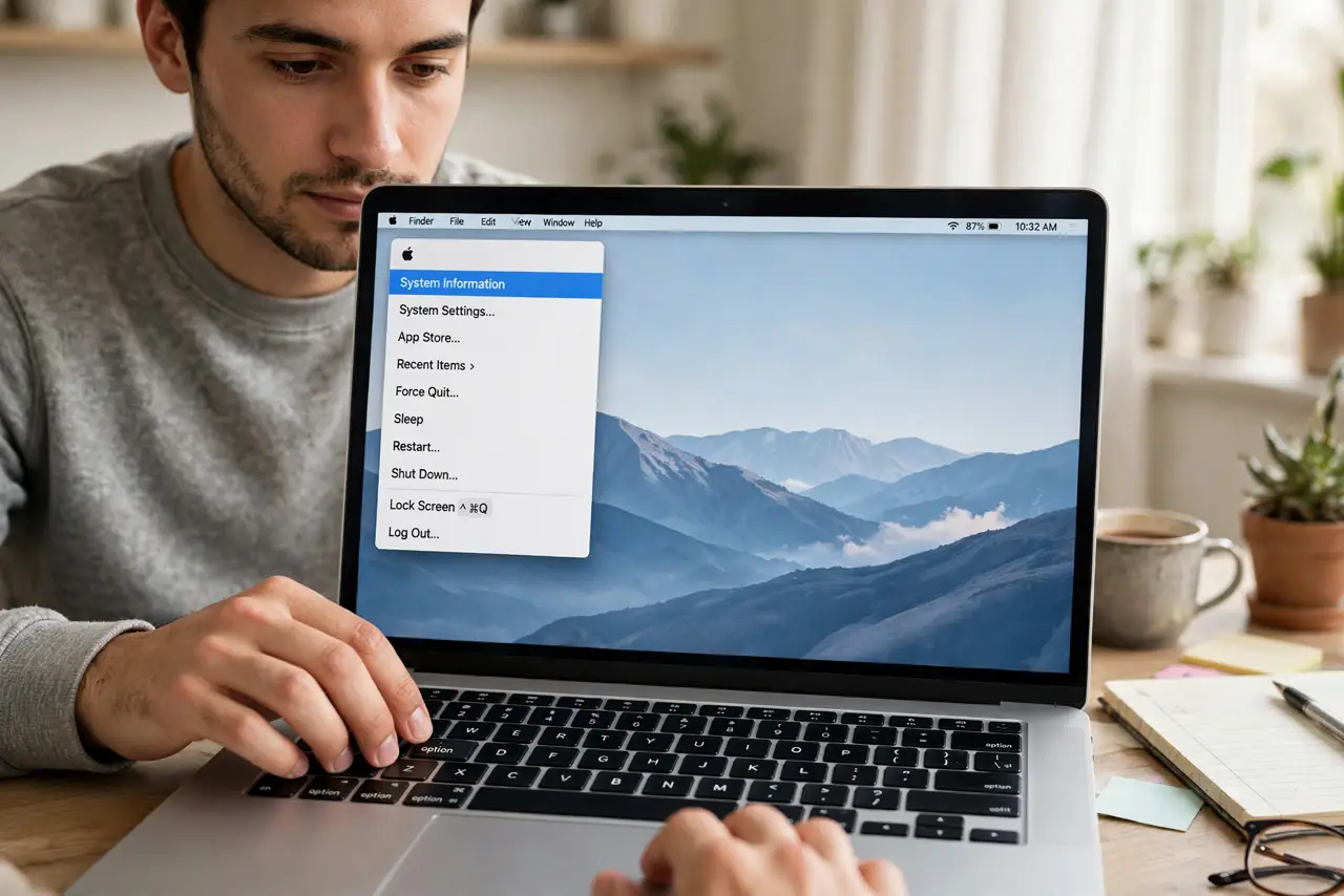 A person performing the first step: Open System Information. Hold the Option key, click the Apple menu, and choose.